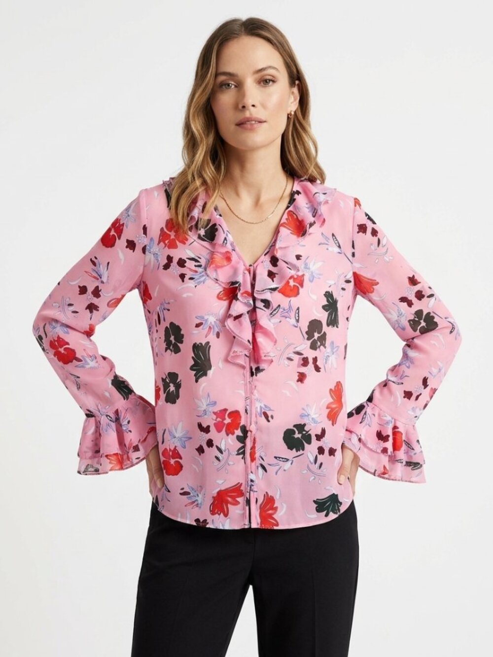 C/MEO COLLECTIVE THE MUPPET RUFFLE BLOUSE IN FLORAL PINK - S